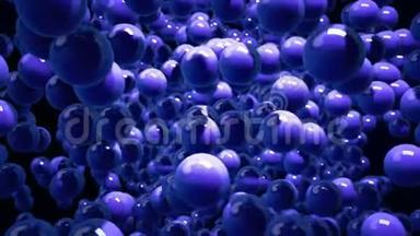 4k运动图形循环动画与景深，蓝色球体与强烈的反射和高光。 球体